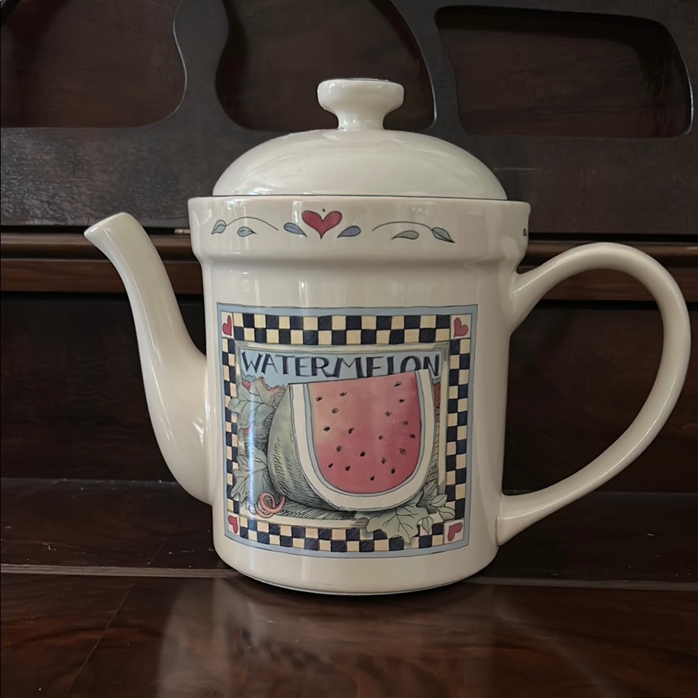Charming Cream Teapot with Watermelon Design